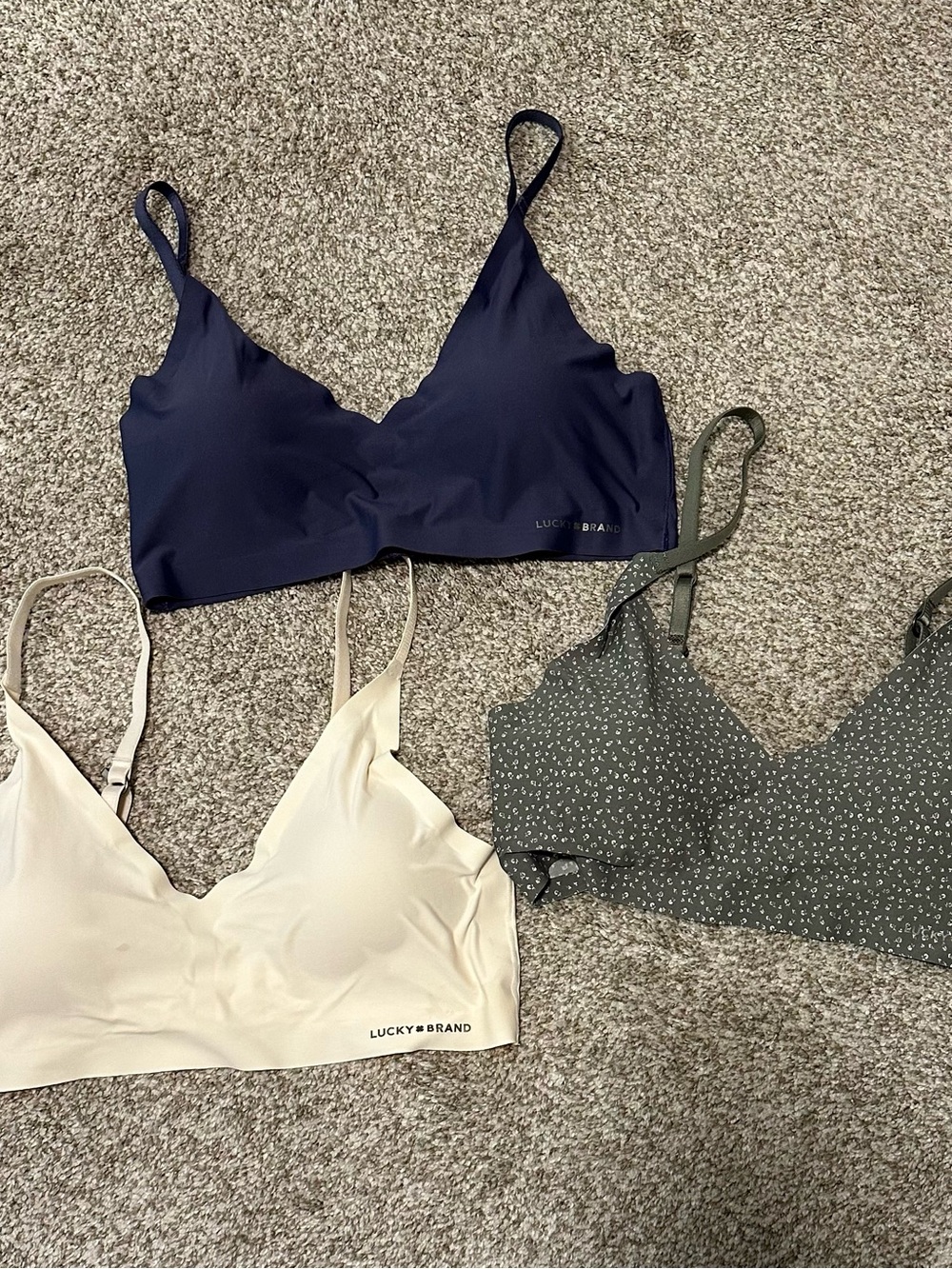 Lucky Brand 3-Pack Wireless Bralettes - Navy, Cream & Olive Print